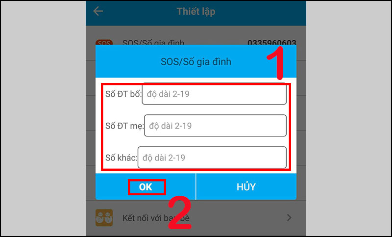 Nhập 3 số điện thoại người thân